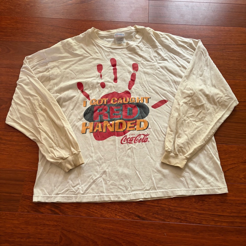 Vintage 90's Hanes Coca-Cola Colab Red Handed Graphic Long Sleeve T-Shirt White